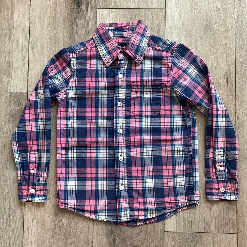 Children's Place Little Boys Size 5/6 Button Front Blue Pink Plaid Cotton Shirt